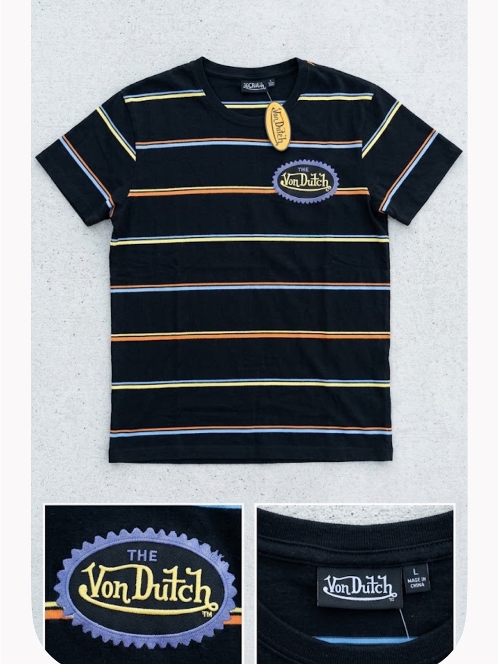Von Dutch Men’s Y2K Black Striped Logo Tee